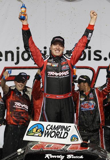 After leading 121 laps, Kyle Busch celebrates in victory lane at Chicagoland Speedway. Credit: Streeter Lecka/Getty Images for NASCAR